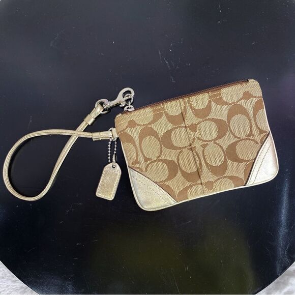 Coach Signature Canvas Leather Wristlet Bag Beige Gold - Picture 8 of 9